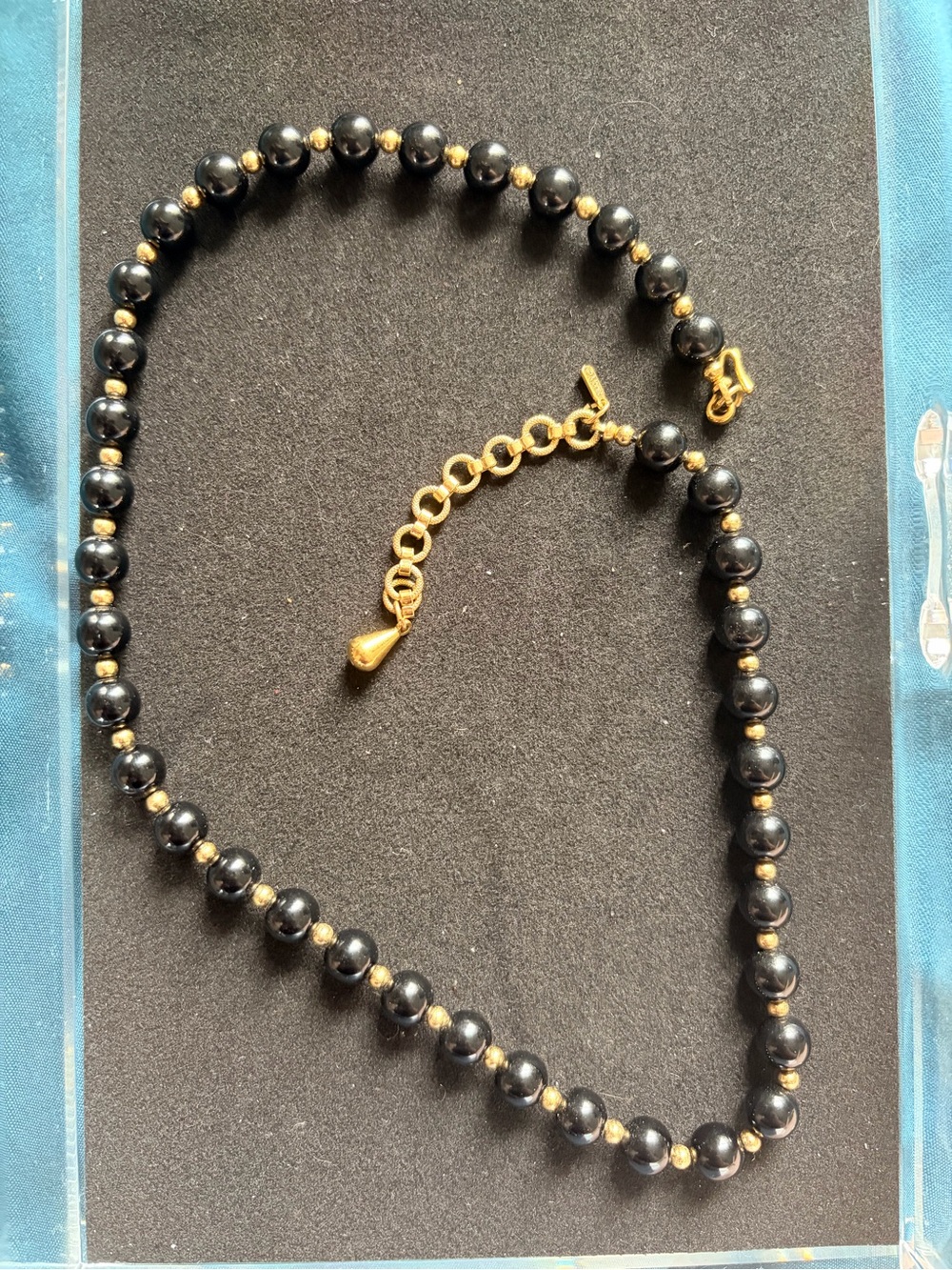 Vintage Monet Black Bead Gold Tone Necklace Adjustable Signed Costume Jewelry
